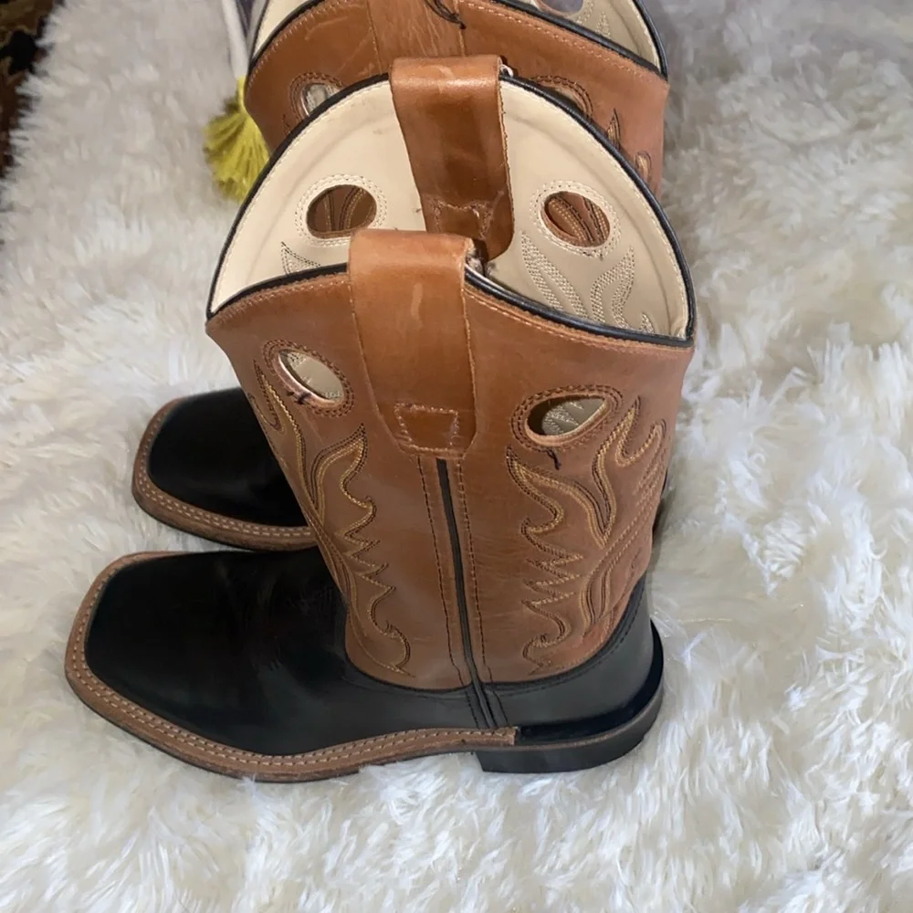 Old West  Boots Black  brown Leather Square Toe Youth Size 4.5 D Style  BSY1810